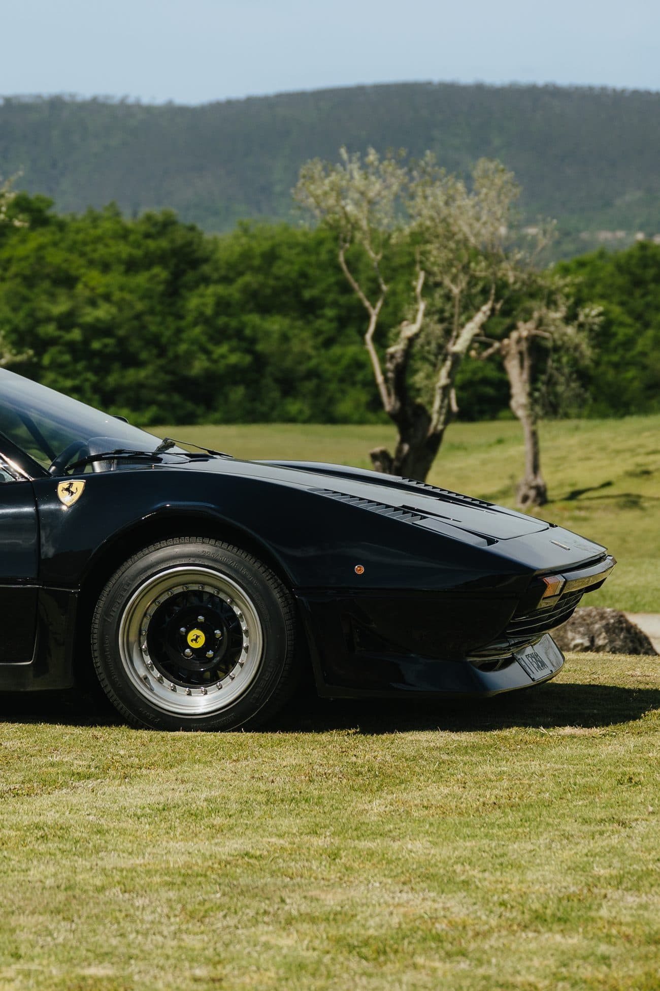 Ferrari 308 GTB nera d'epoca esposta sul prato del Castello della Paneretta al Giardino dell'Eden